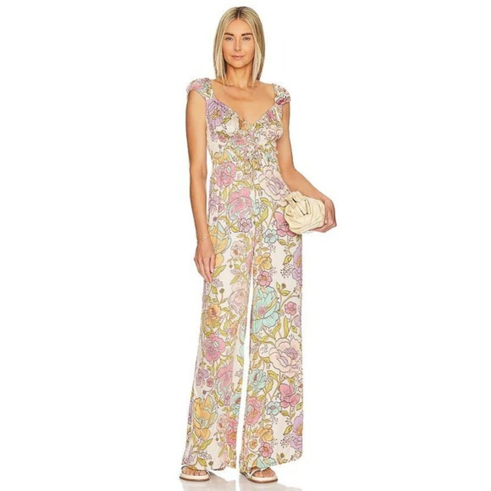 Free People Womens Romantic Retro 70s Rolling Hills Jumpsuit M Wide Leg Smocked - Picture 3 of 17
